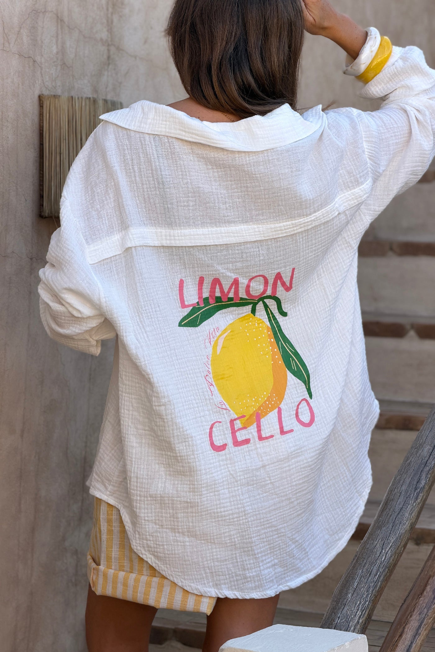 Camisa Blanca Amplia Gasa Algodón Limoncello Limones al Dorso