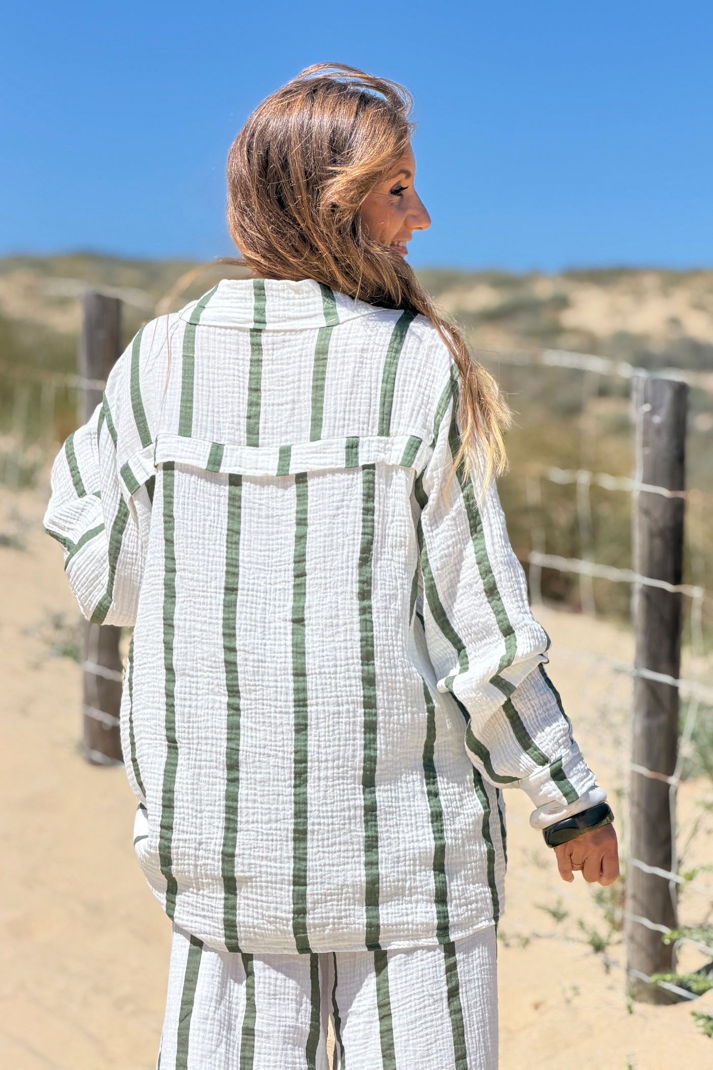 Camisa Blanca Amplia Gasa Algodón Rayas Kaki