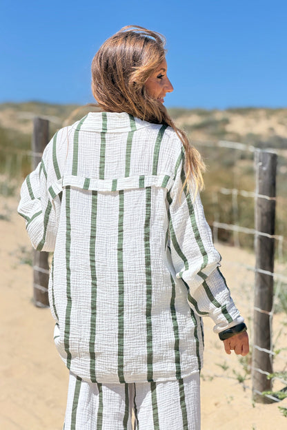 Camisa Blanca Amplia Gasa Algodón Rayas Kaki