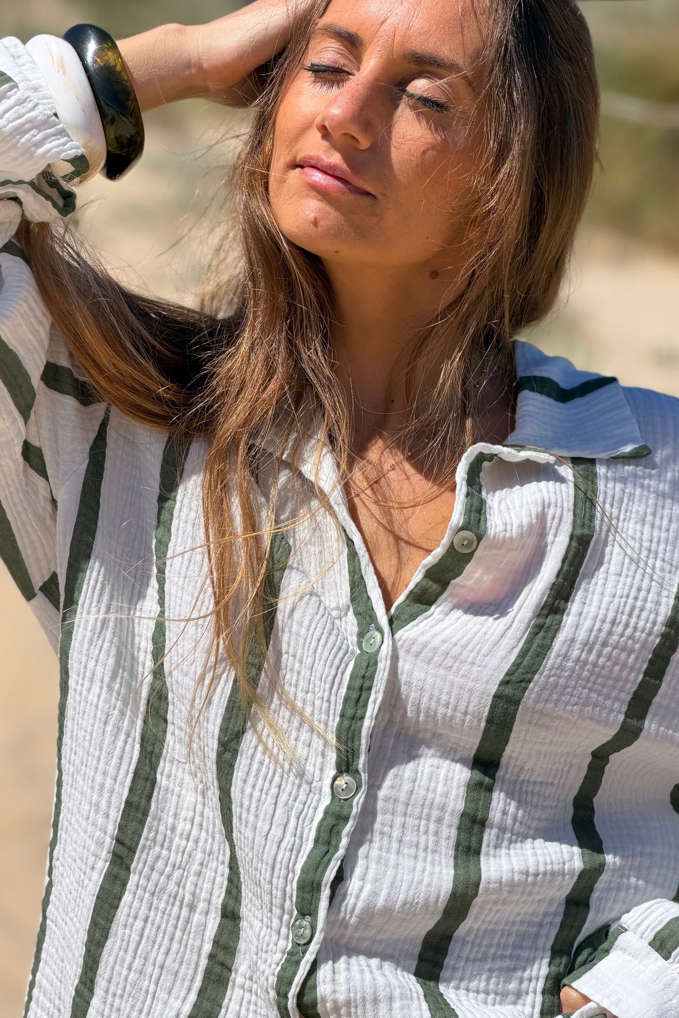 Camisa Blanca Amplia Gasa Algodón Rayas Kaki