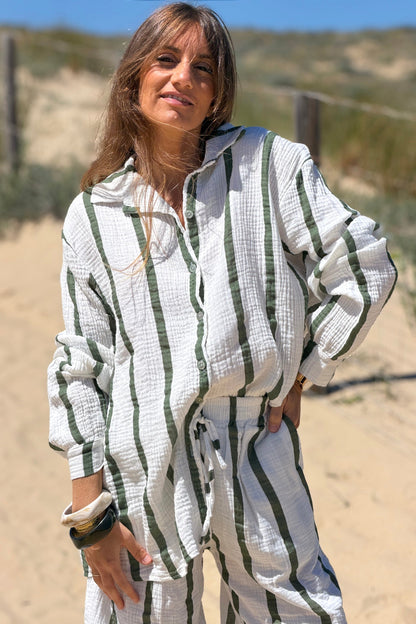 Camisa Blanca Amplia Gasa Algodón Rayas Kaki