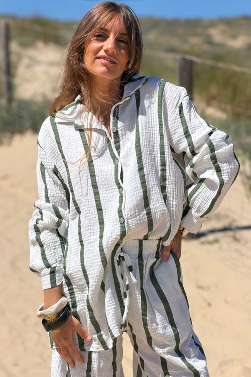 Camisa Blanca Amplia Gasa Algodón Rayas Kaki