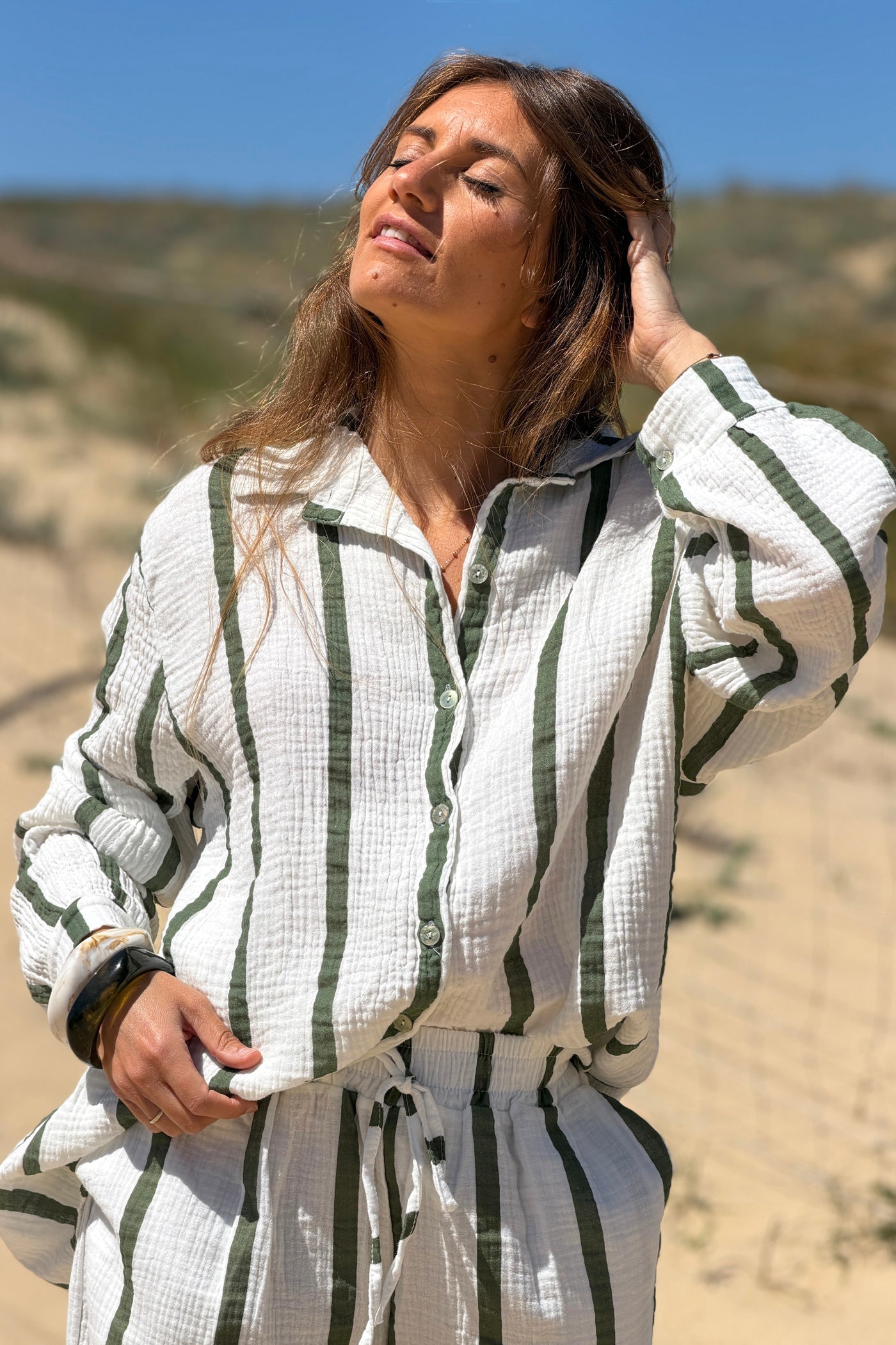 Camisa Blanca Amplia Gasa Algodón Rayas Kaki