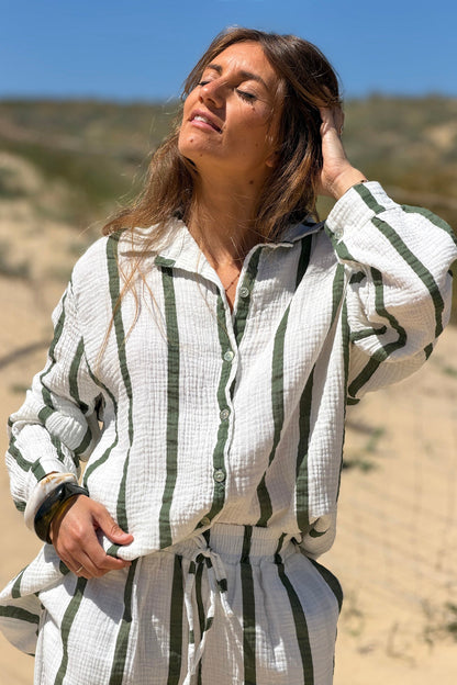 Camisa Blanca Amplia Gasa Algodón Rayas Kaki