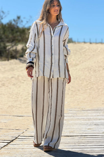Camisa Blanca Amplia Gasa Algodón Rayas Marrón