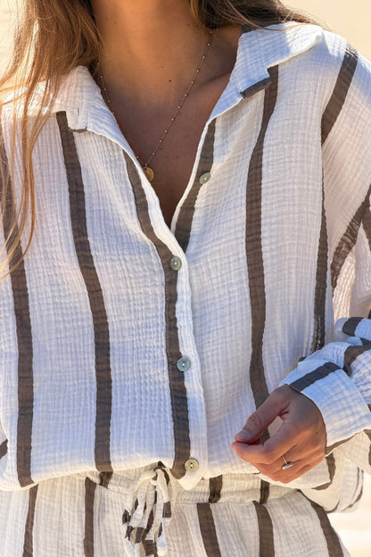Camisa Blanca Amplia Gasa Algodón Rayas Marrón