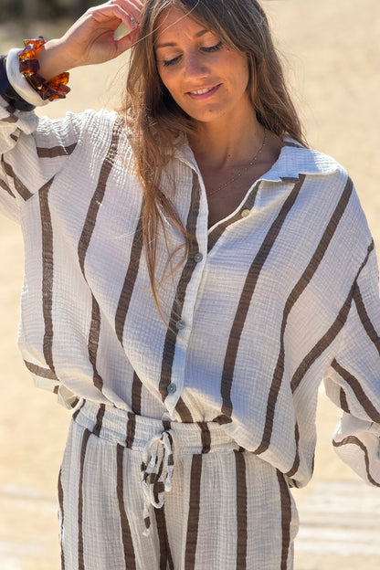 Camisa Blanca Amplia Gasa Algodón Rayas Marrón