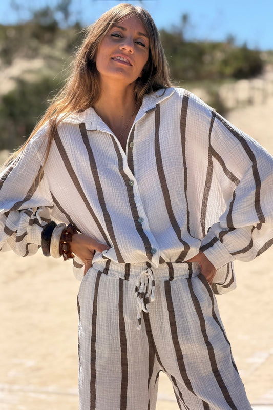Camisa Blanca Amplia Gasa Algodón Rayas Marrón