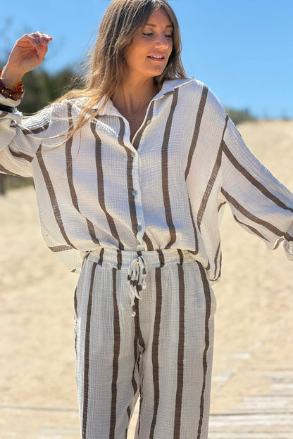 Camisa Blanca Amplia Gasa Algodón Rayas Marrón