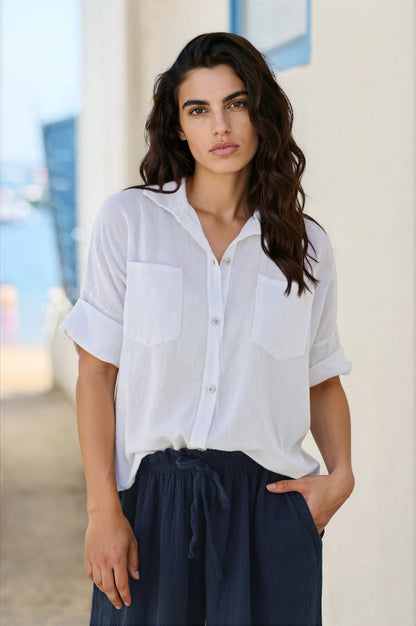 Camisa Blanca Suave Algodón Mangas 3/4 Bolsillos