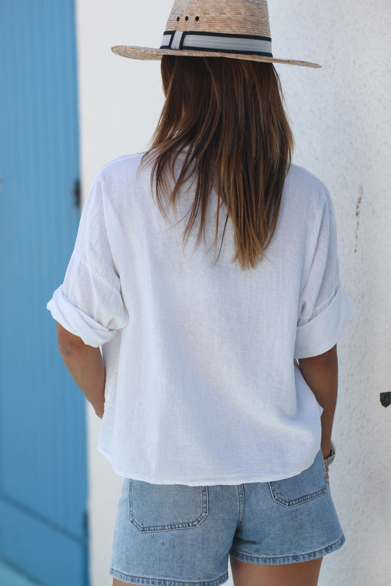 Camisa Blanca Suave Algodón Mangas 3/4 Bolsillos