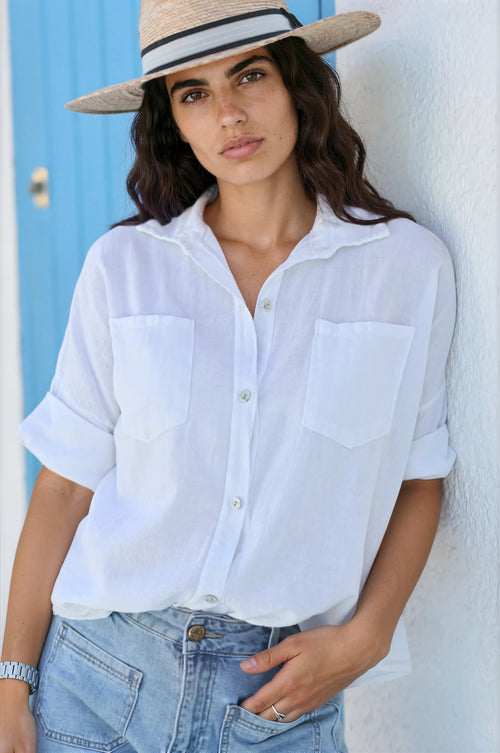 Camisa Blanca Suave Algodón Mangas 3/4 Bolsillos