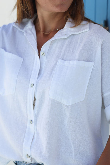 Camisa Blanca Suave Algodón Mangas 3/4 Bolsillos