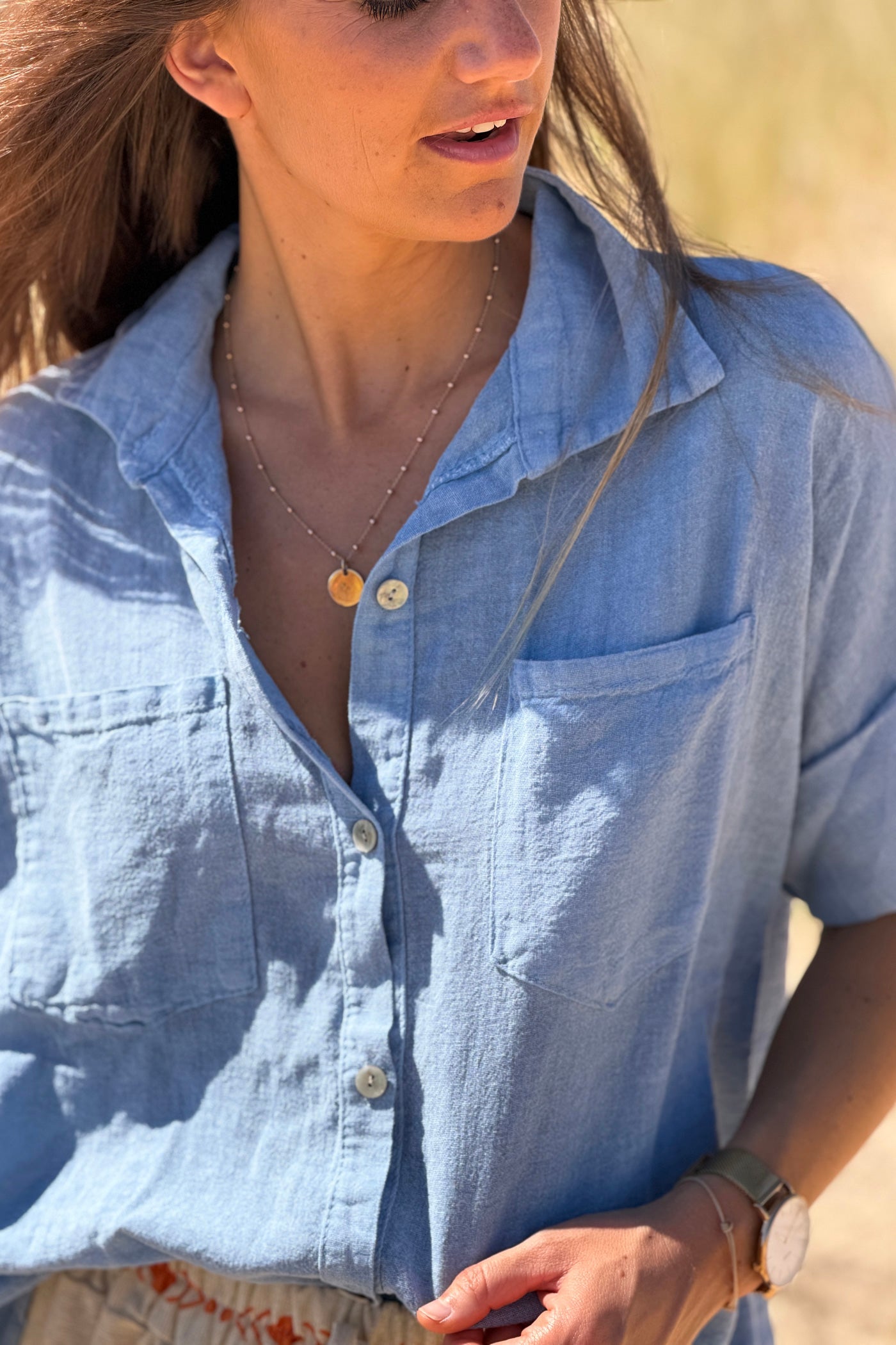 Camisa Azul Denim Lavado Algodón Mangas 3/4 Bolsillos