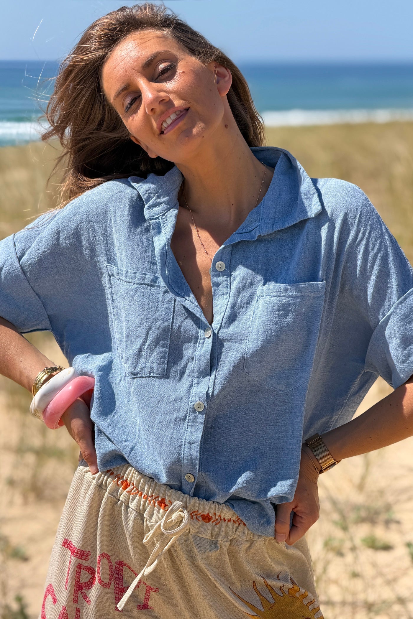 Camisa Azul Denim Lavado Algodón Mangas 3/4 Bolsillos