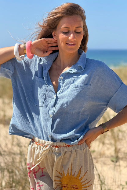 Camisa Azul Denim Lavado Algodón Mangas 3/4 Bolsillos