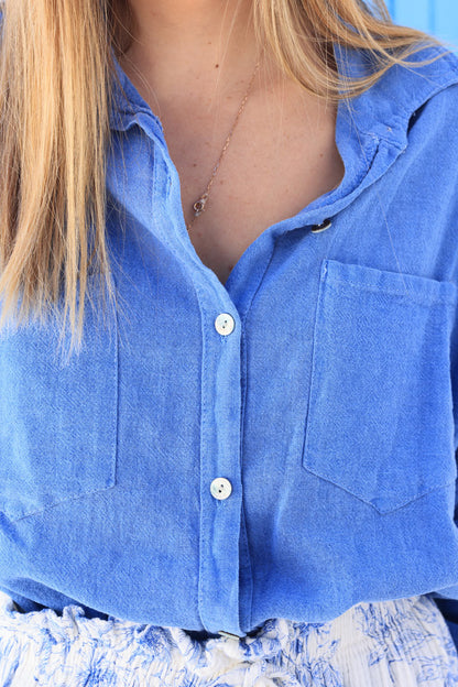 Camisa Azul Rey Suave Algodón Mangas 3/4 Bolsillos