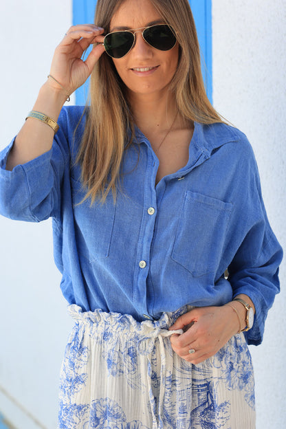 Camisa Azul Rey Suave Algodón Mangas 3/4 Bolsillos