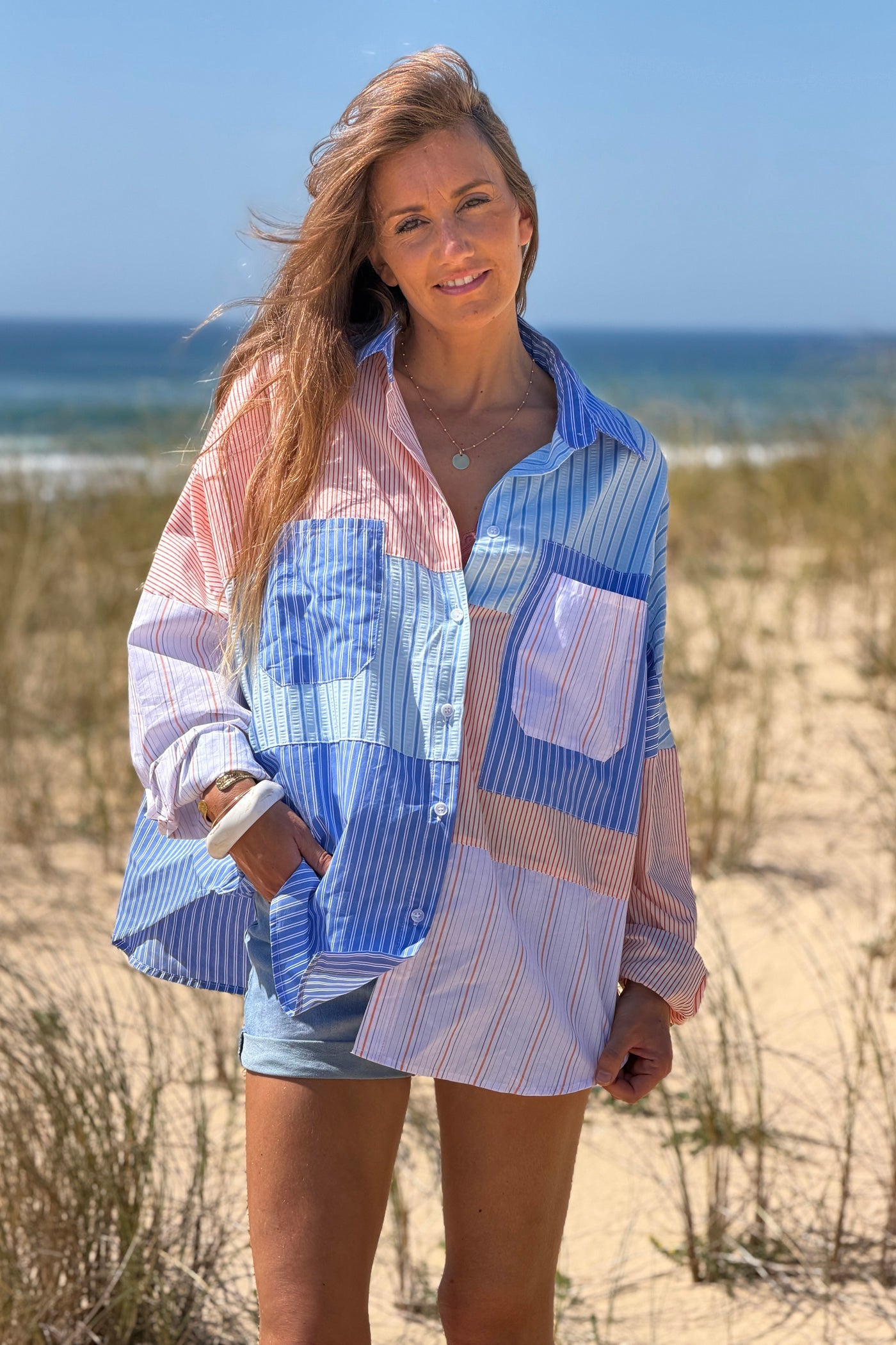 Camisa Algodón Rayas Azules y Naranja