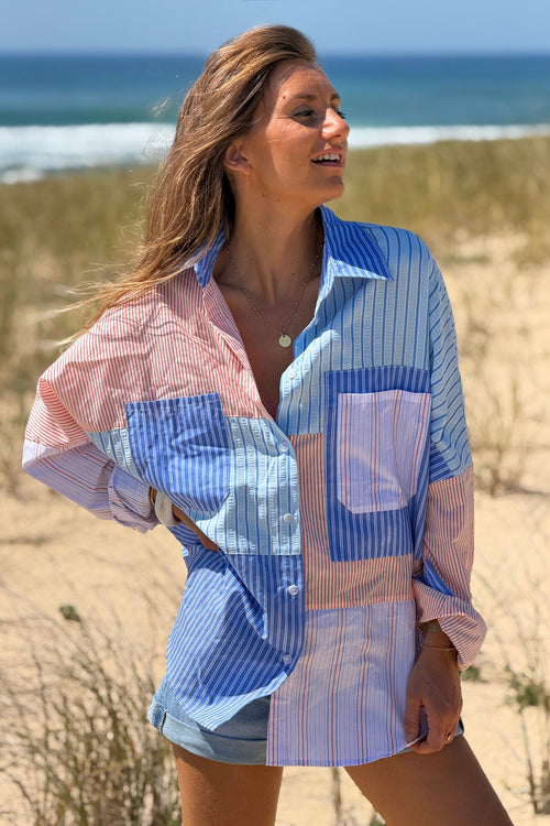 Camisa Algodón Rayas Azules y Naranja