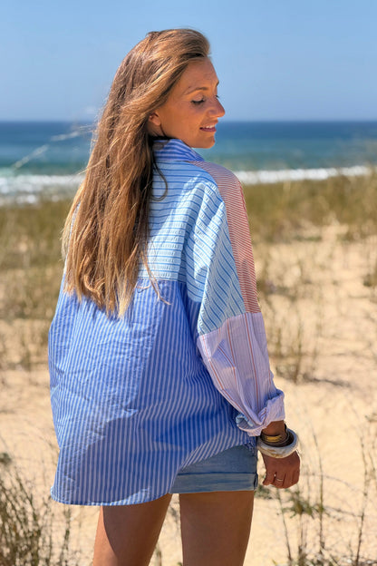 Camisa Algodón Rayas Azules y Naranja