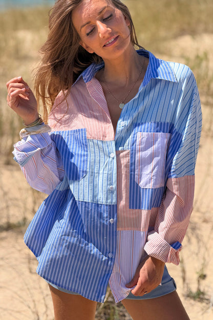 Camisa Algodón Rayas Azules y Naranja