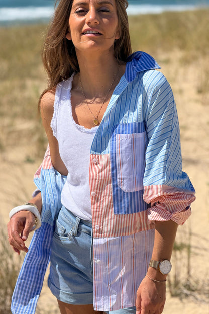 Camisa Algodón Rayas Azules y Naranja