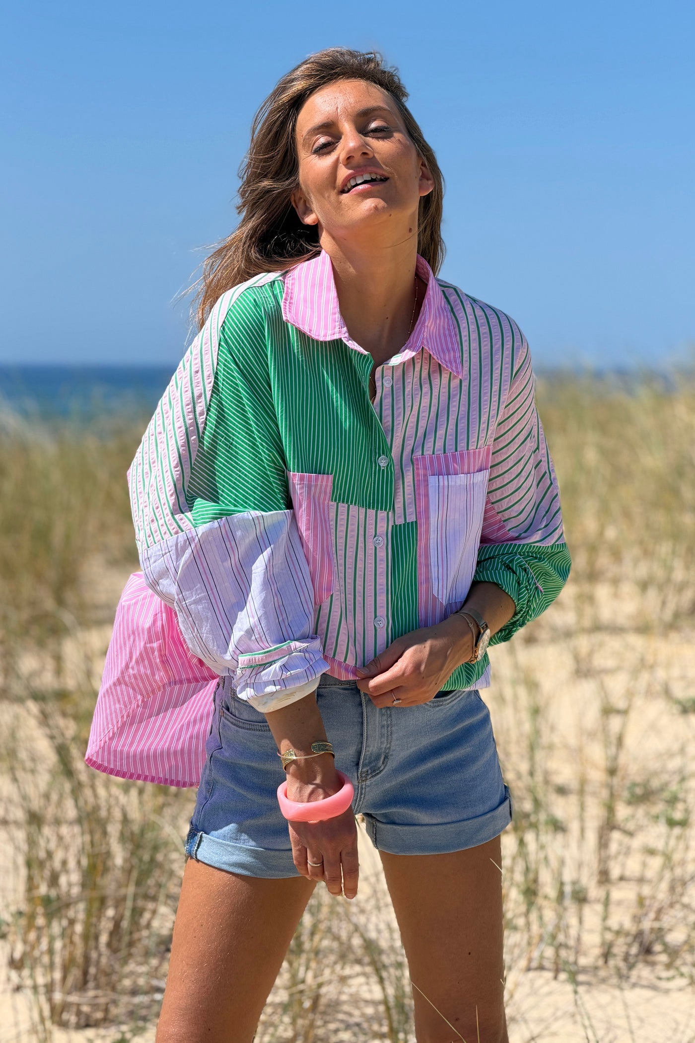 Camisa Algodón Rayas Rosa y Verde