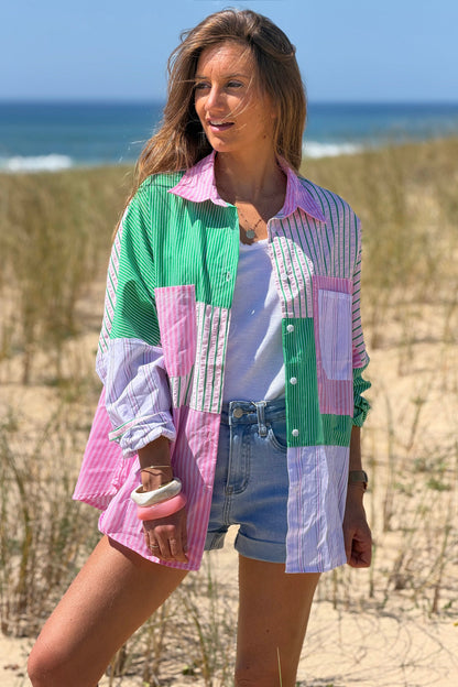 Camisa Algodón Rayas Rosa y Verde