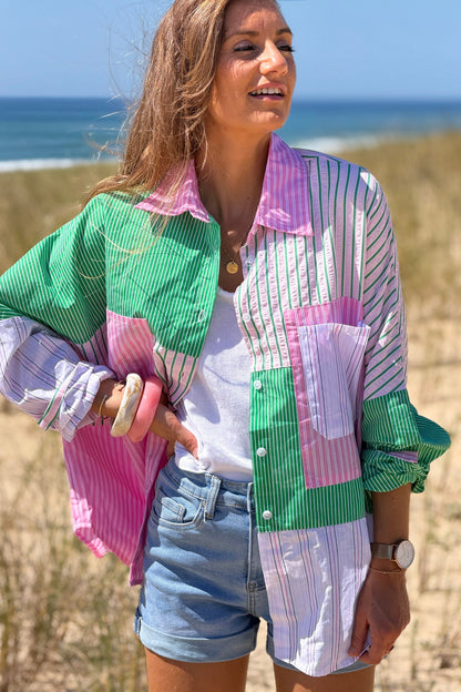 Camisa Algodón Rayas Rosa y Verde