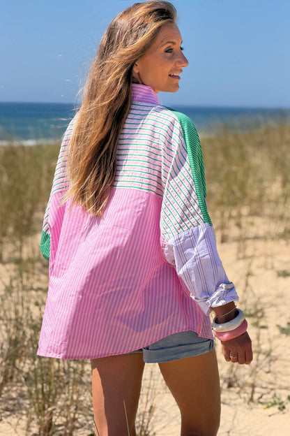 Camisa Algodón Rayas Rosa y Verde