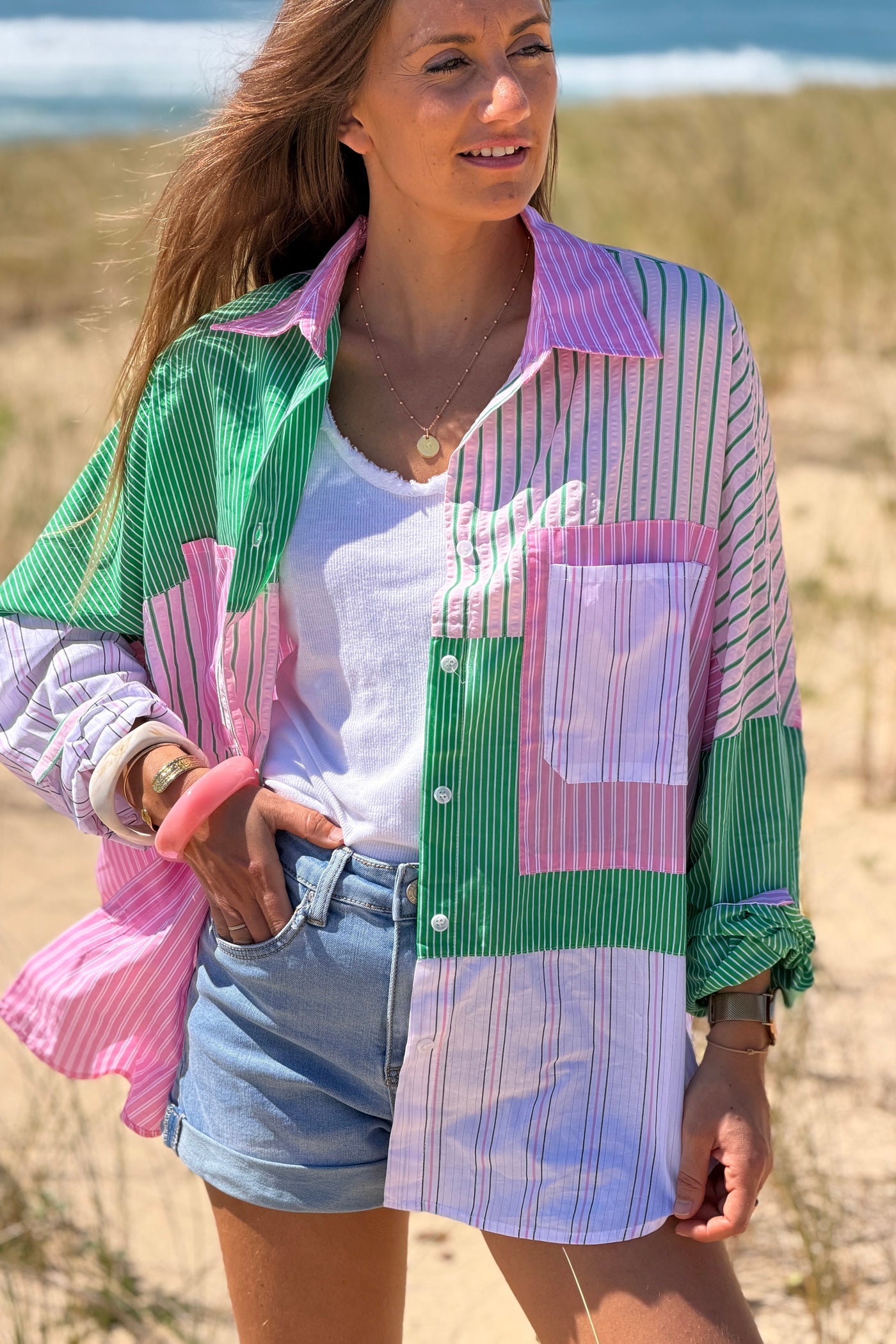 Camisa Algodón Rayas Rosa y Verde