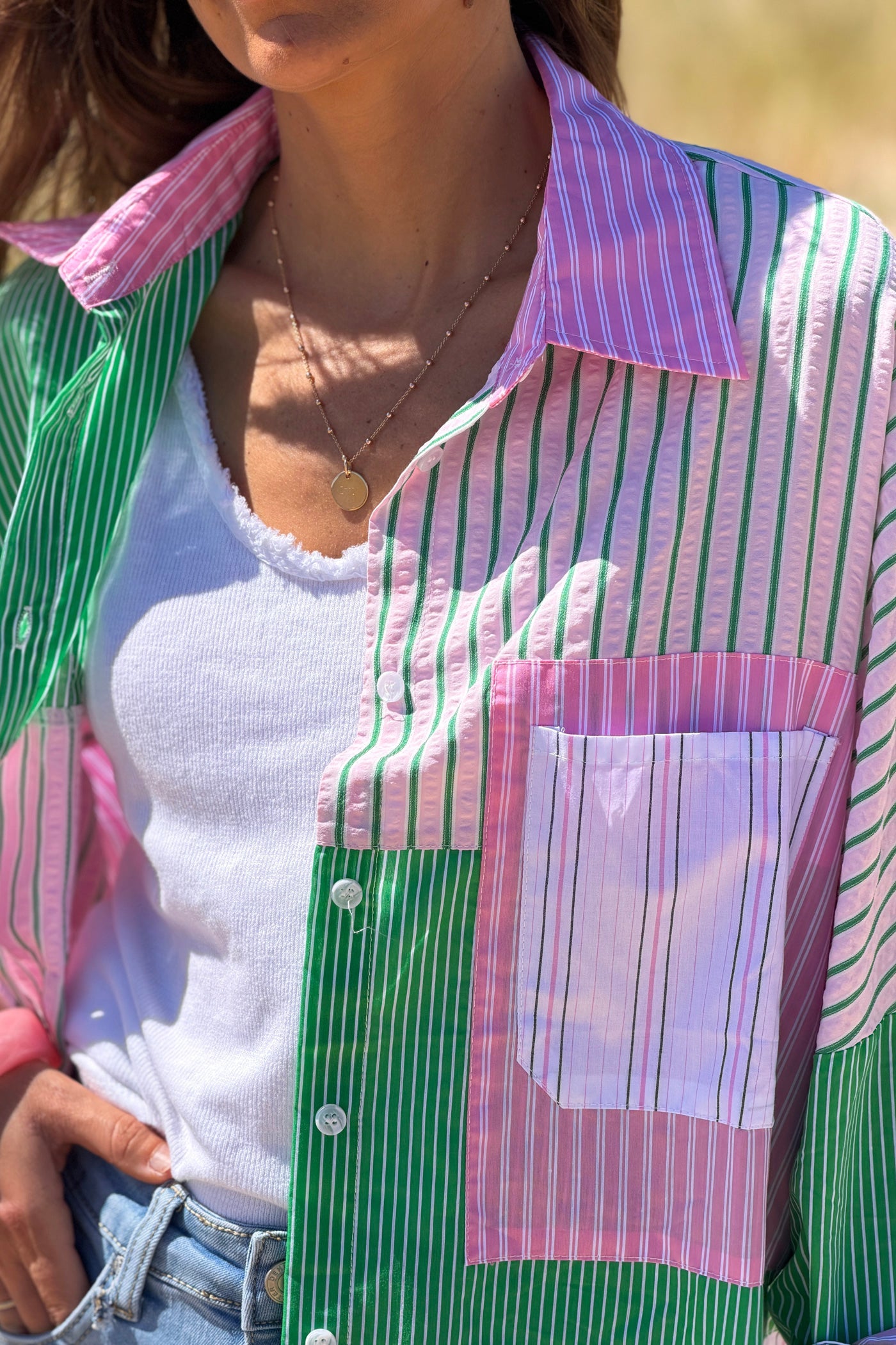 Camisa Algodón Rayas Rosa y Verde