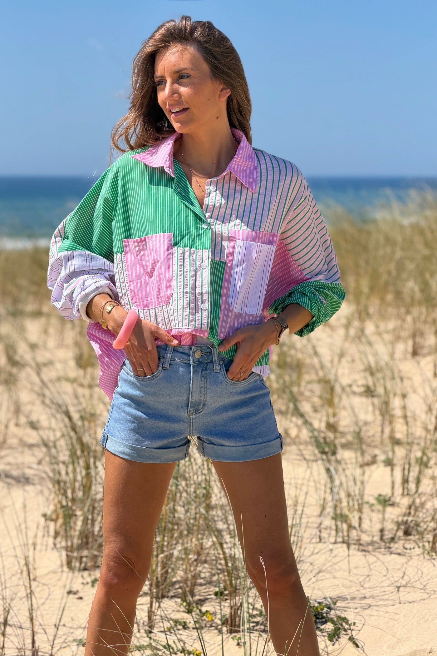 Camisa Algodón Rayas Rosa y Verde