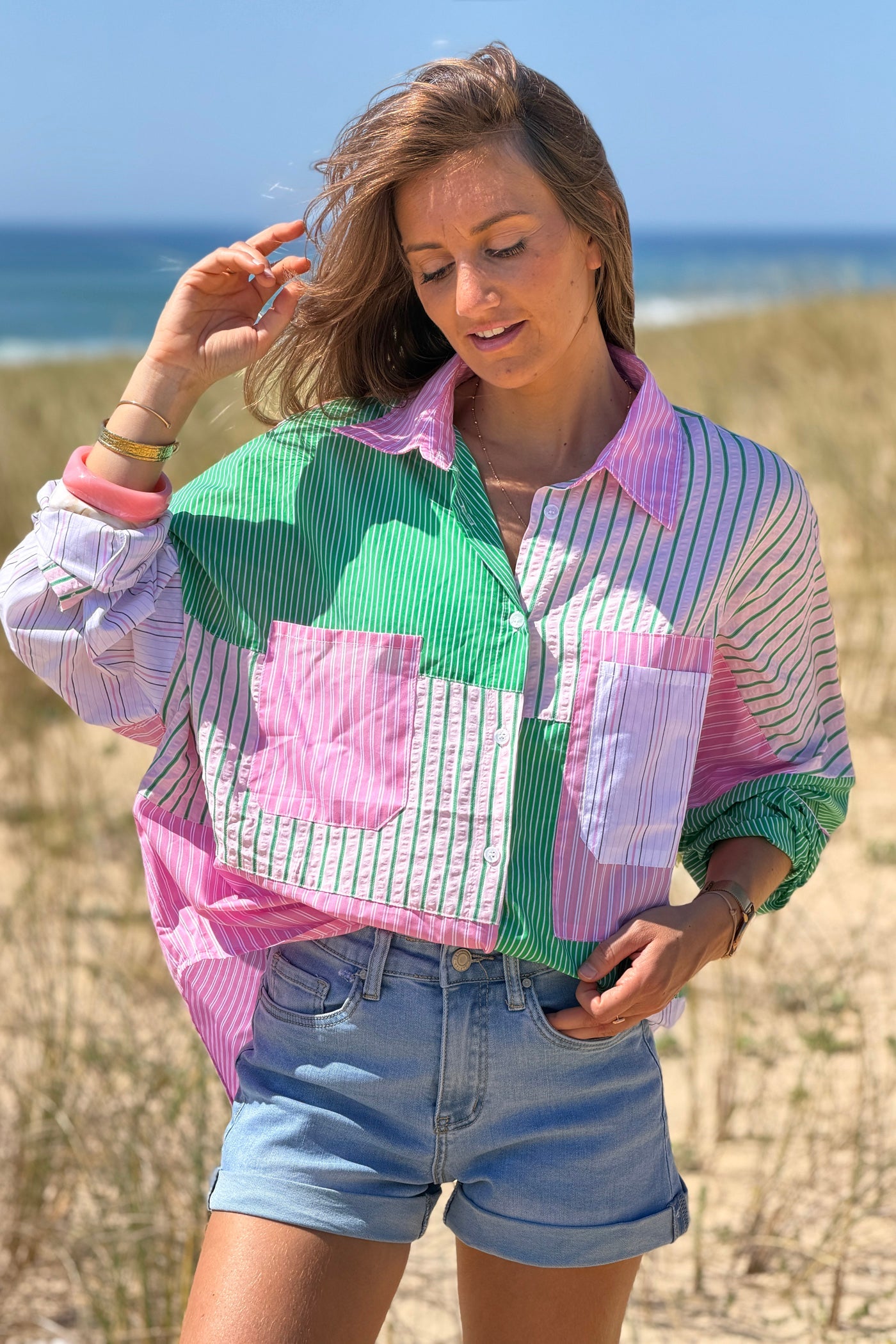 Camisa Algodón Rayas Rosa y Verde
