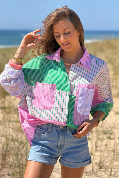 Camisa Algodón Rayas Rosa y Verde
