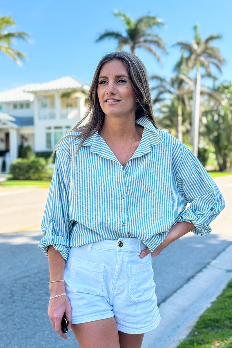 Camisa Algodón Seersucker Rayas Verticales Kaki