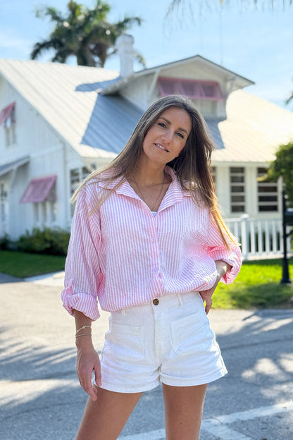 Camisa Algodón Seersucker Rayas Verticales Rosa Pálido