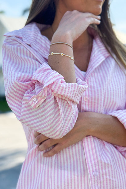 Camisa Algodón Seersucker Rayas Verticales Rosa Pálido