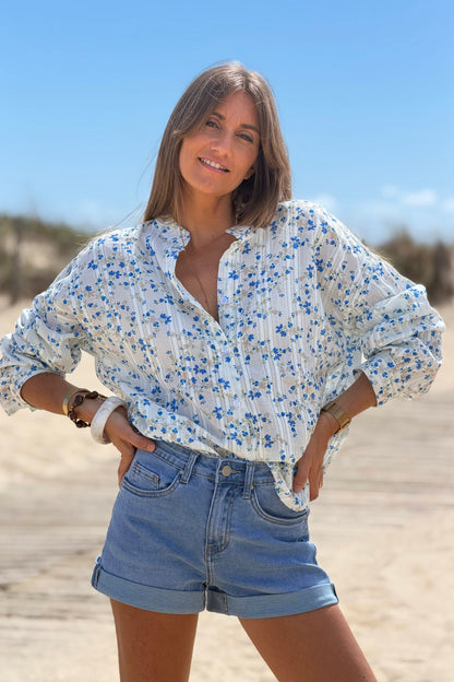 Camisa Algodón Pequeñas Flores Azules Rayas Bordado Calado