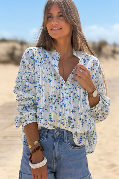 Camisa Algodón Pequeñas Flores Azules Rayas Bordado Calado