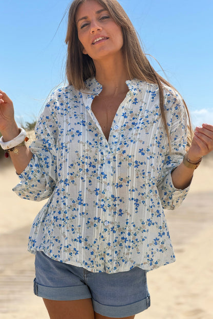 Camisa Algodón Pequeñas Flores Azules Rayas Bordado Calado