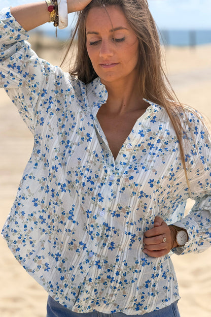 Camisa Algodón Pequeñas Flores Azules Rayas Bordado Calado