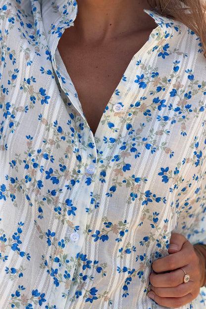 Camisa Algodón Pequeñas Flores Azules Rayas Bordado Calado