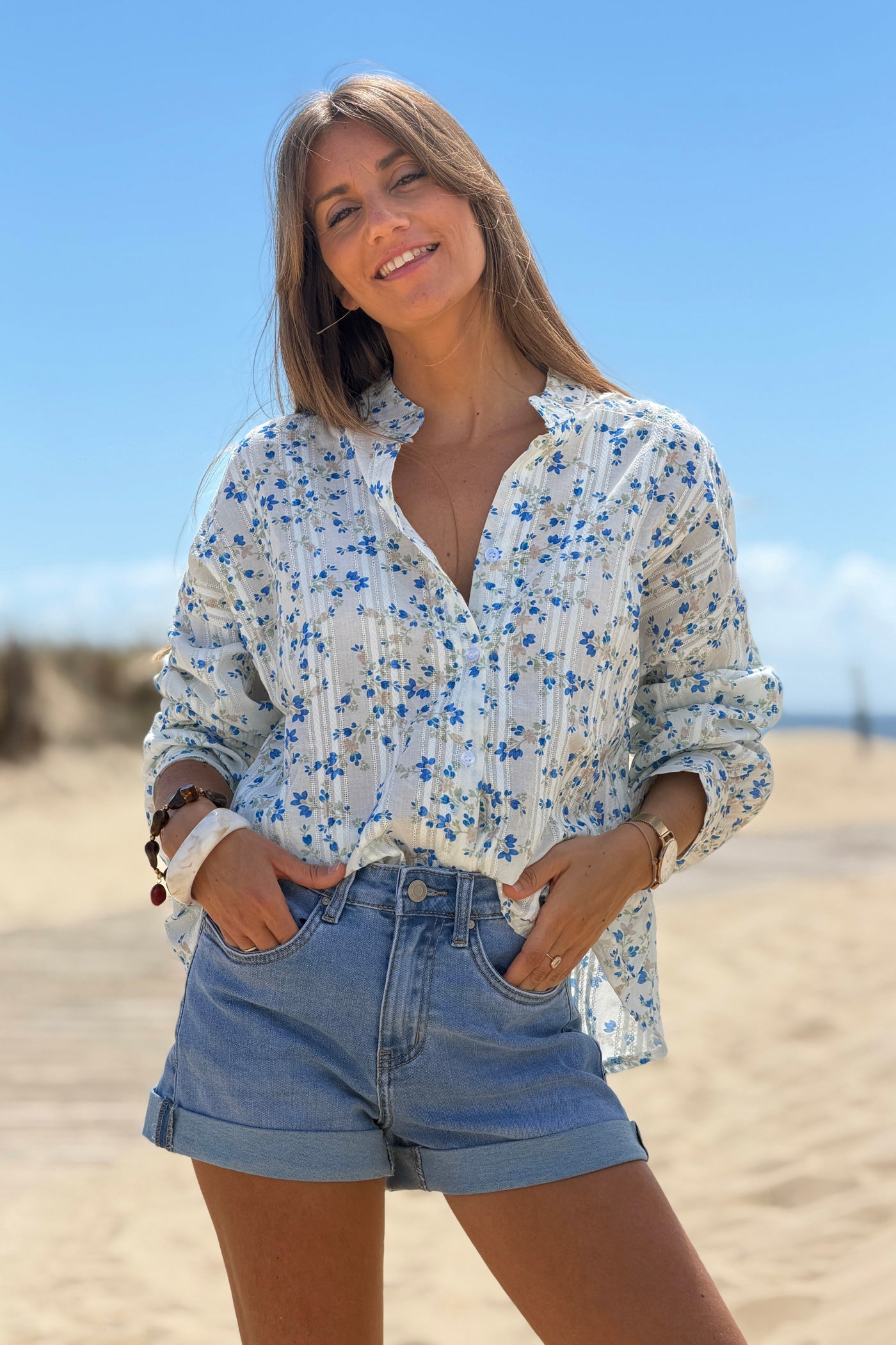 Camisa Algodón Pequeñas Flores Azules Rayas Bordado Calado