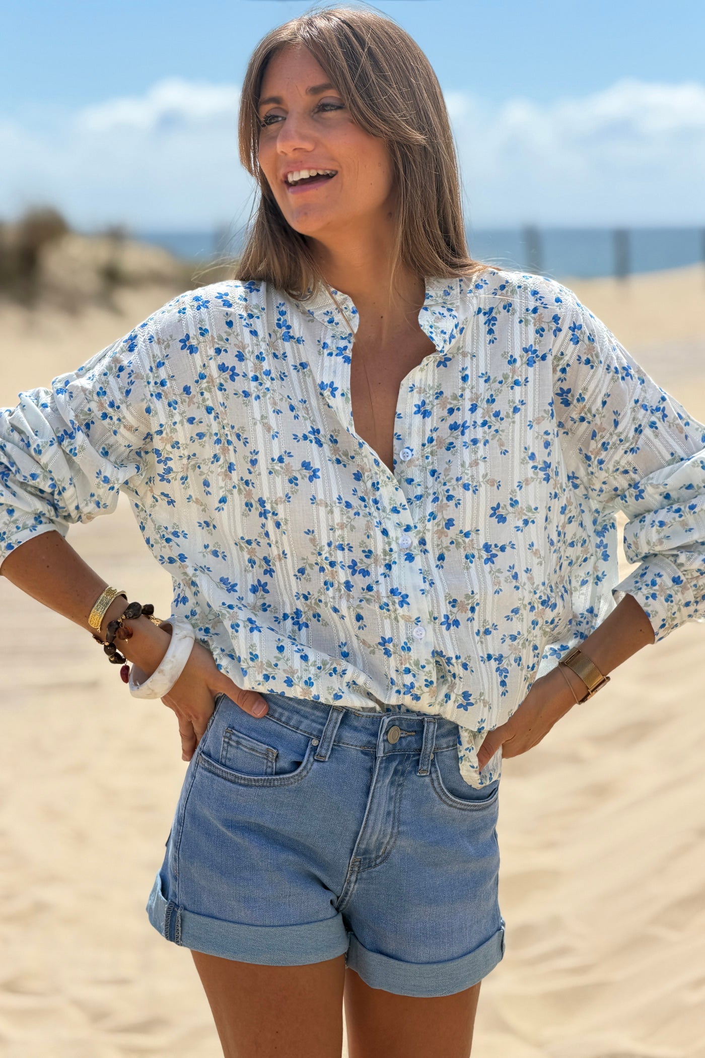 Camisa Algodón Pequeñas Flores Azules Rayas Bordado Calado