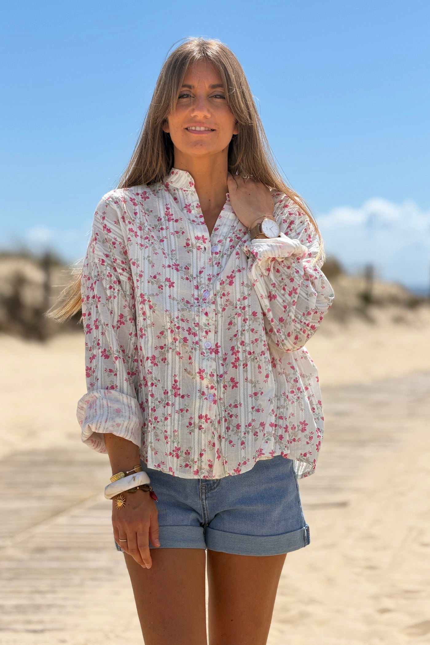 Camisa Algodón Pequeñas Flores Fucsia Rayas Bordado Calado