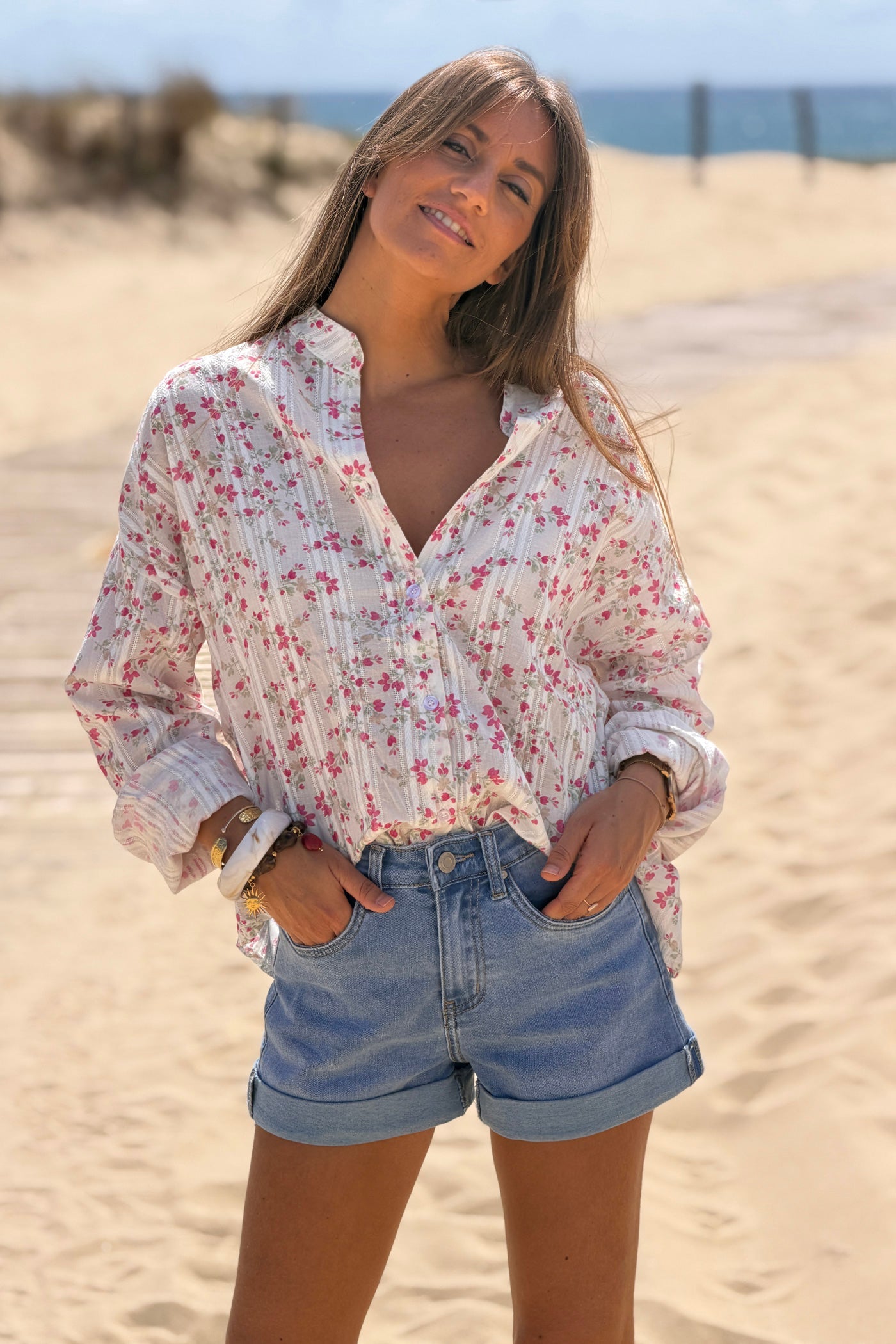 Camisa Algodón Pequeñas Flores Fucsia Rayas Bordado Calado