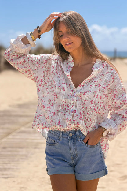 Camisa Algodón Pequeñas Flores Fucsia Rayas Bordado Calado