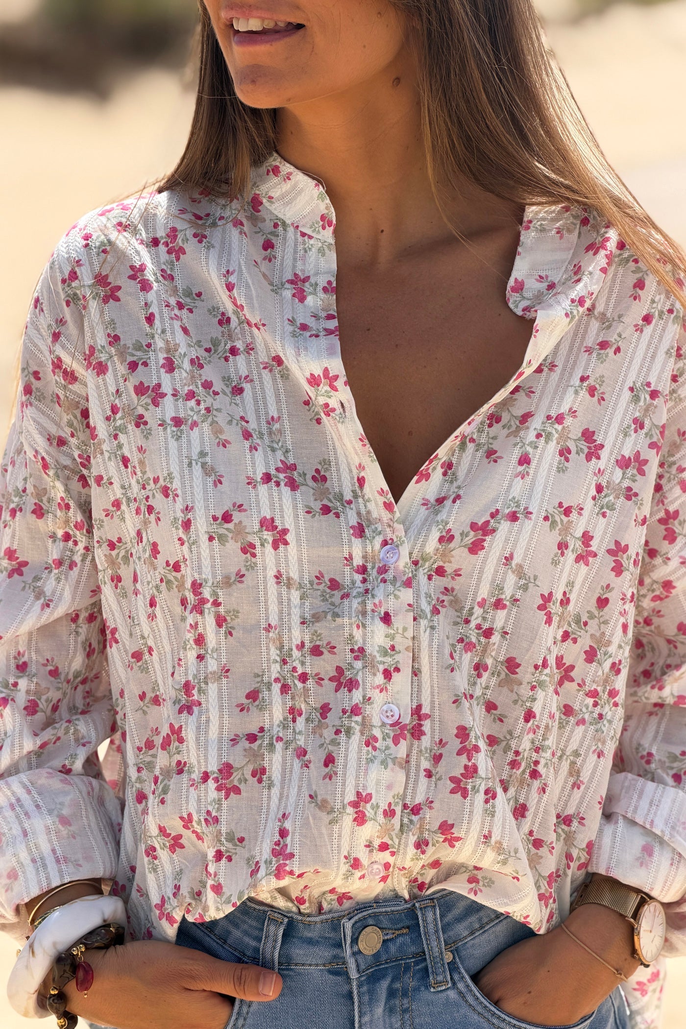 Camisa Algodón Pequeñas Flores Fucsia Rayas Bordado Calado